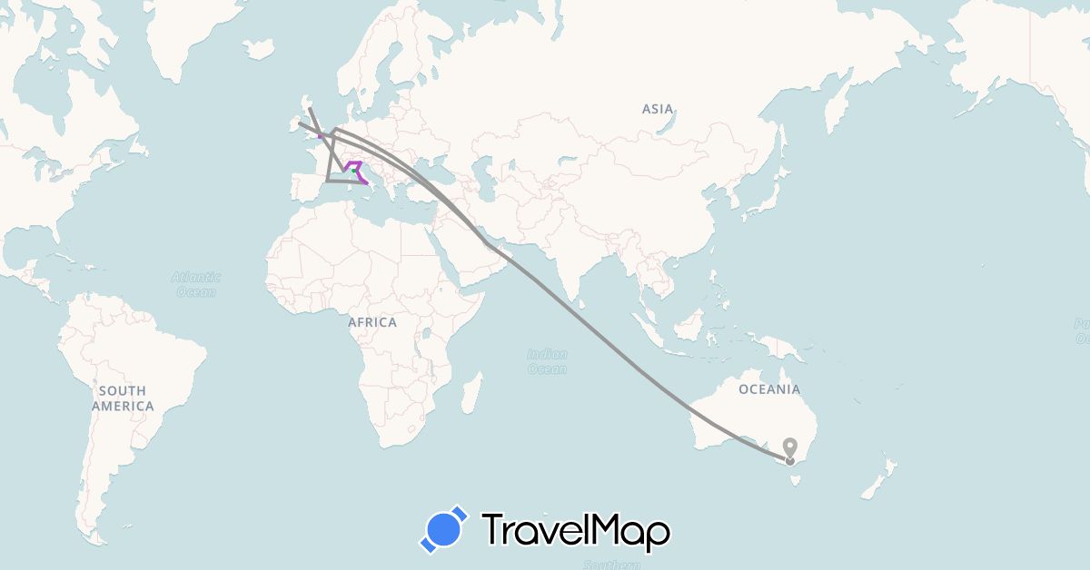 TravelMap itinerary: bus, plane, train in Australia, Belgium, Spain, France, United Kingdom, Ireland, Italy, Netherlands, Qatar (Asia, Europe, Oceania)